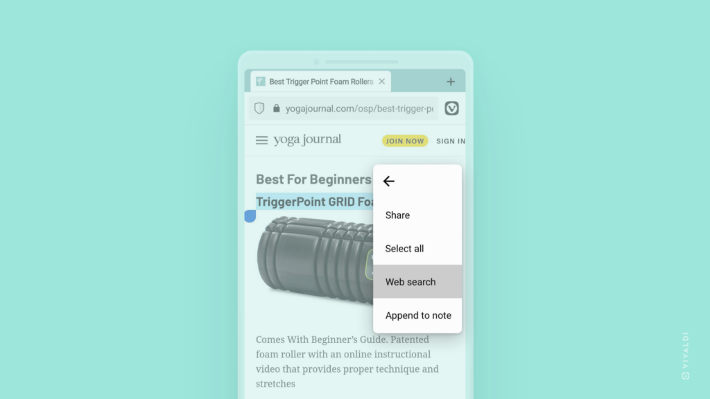 Android 版 Vivaldi でいくつかの単語が選択され、コンテキストメニューが開いているウェブページ。