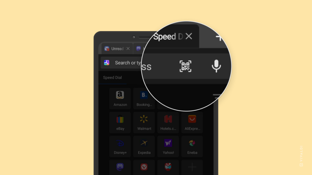 Vivaldi on Android. The Address Field has been focused to reveal the button to scan QR codes.