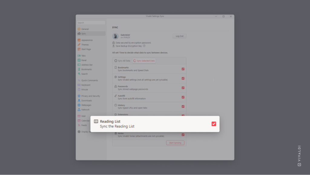 Sync settings open with Reading List in "Sync Selected Data" section highlighted.
