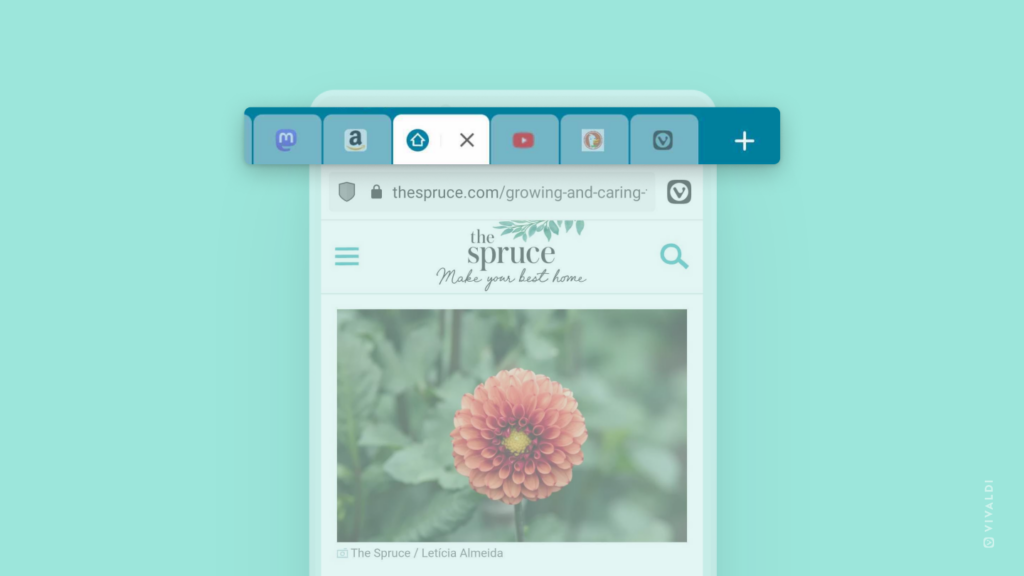 Vivaldi on Android with tabs displayed as favicons and close buttons hidden for background tabs.