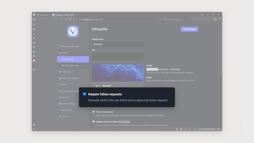 Vivaldi Social profile settings page. "Require follow request" setting is highlighted.