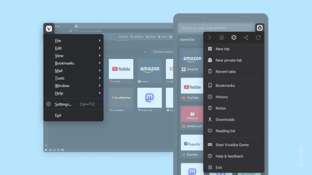 Vivaldi on desktop and Vivaldi on Android both with the main menu open and highlighted.