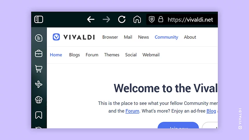 One section of Vivaldi Browser's window, showing half of the Address and Panel bars. The latter includes Command Chains with custom icons above other Panel buttons.