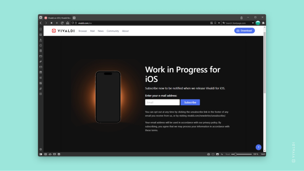 iOS subscription page on vivalid.com open in Vivaldi Browser.