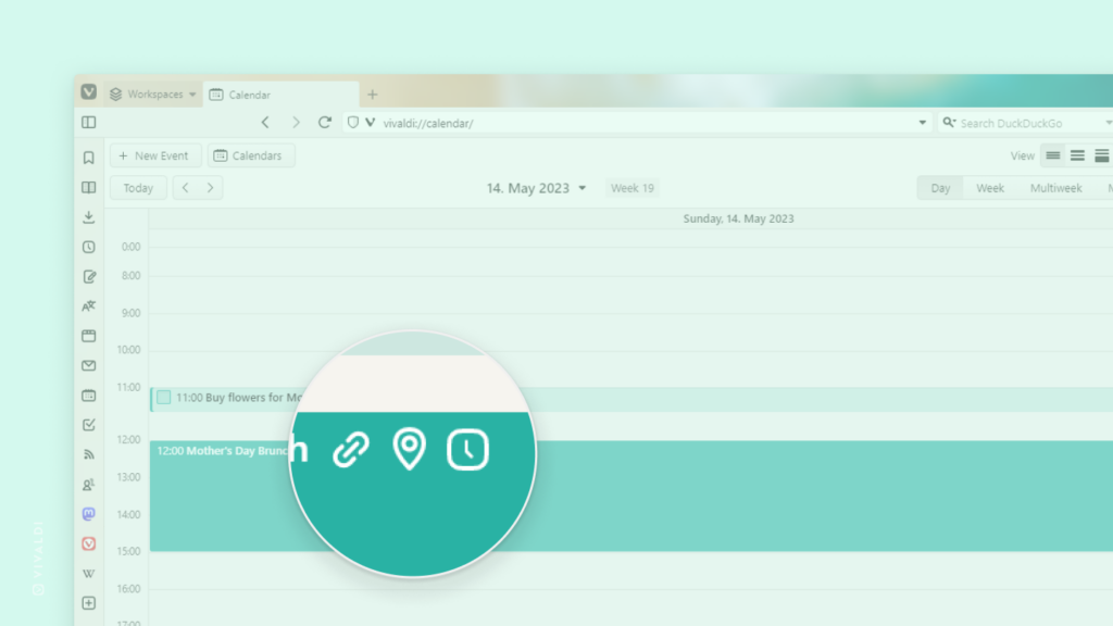 Vivaldi カレンダーでイベントのプロパティアイコンが表示され、1 つのイベントにズームインした画面。