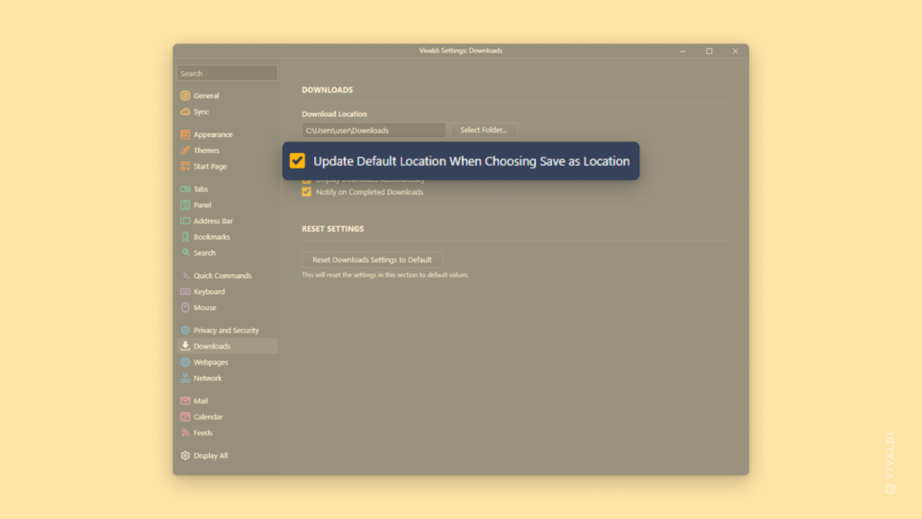 Download Settings in Vivaldi Browser. "Update Default Location When Choosing Save as Location" setting is highlighted.