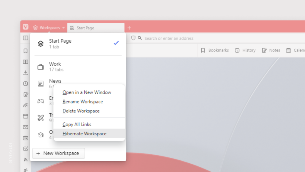 Vivaldi Browser window with Workspaces menu open, plus the context menu for one of the Workspaces highlighted.