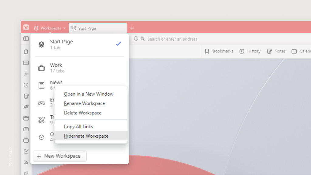 Vivaldi ブラウザのウィンドウでワークスペースメニューが開かれ、特定のワークスペースのコンテキストメニューが強調表示されています。