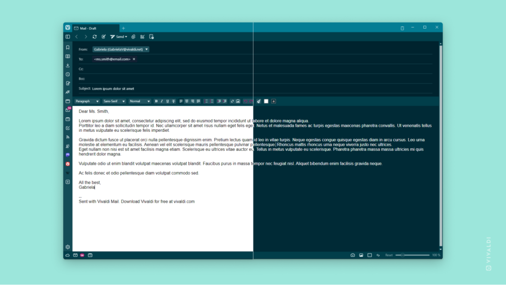 Vivaldi Mail composer divided into two. Left side showing black text on white. Right side showing colors inherited from the dark theme.