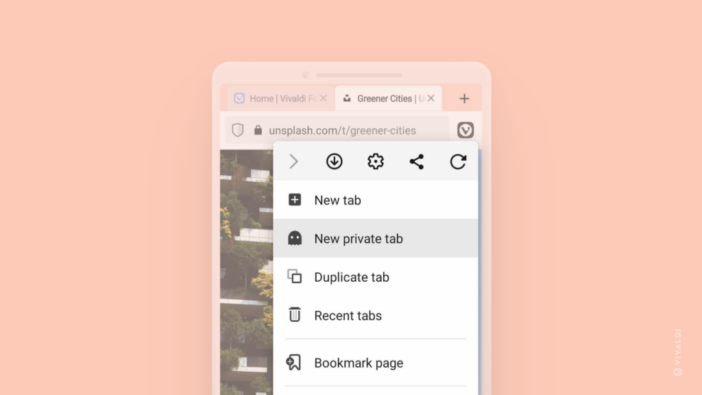 Main menu in Vivaldi on Android open with New private tab option highlighted.