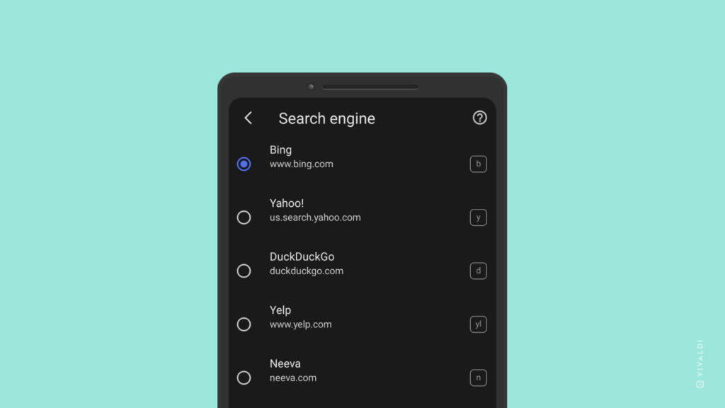Search Engines settings page in Vivaldi on Android.