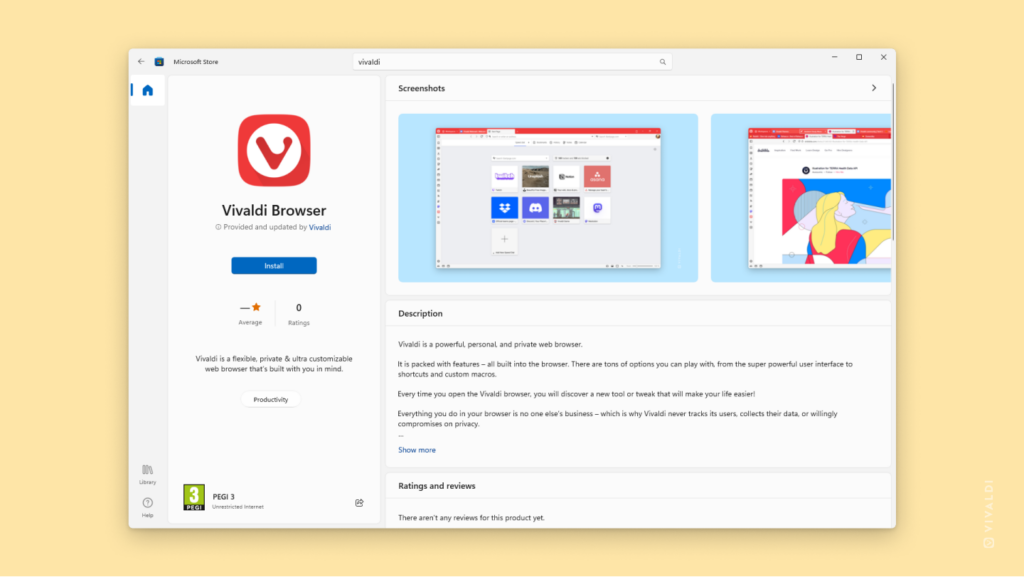 Vivaldi Browser app listing in Microsoft Store.