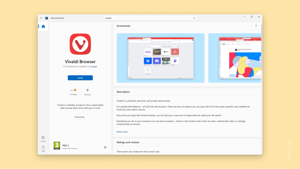 Microsoft Store の Vivaldi ブラウザアプリのリストです。