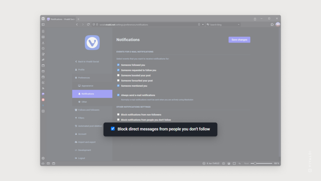 Vivaldi Social's notification preferences page with "Block direct messages from people you don't follow" setting highlighted.