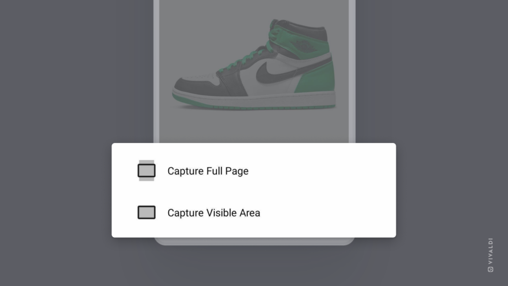 A page with an image of a sneaker open on mobile. Screenshot options for capturing a full page or just the visible area are highlighted.