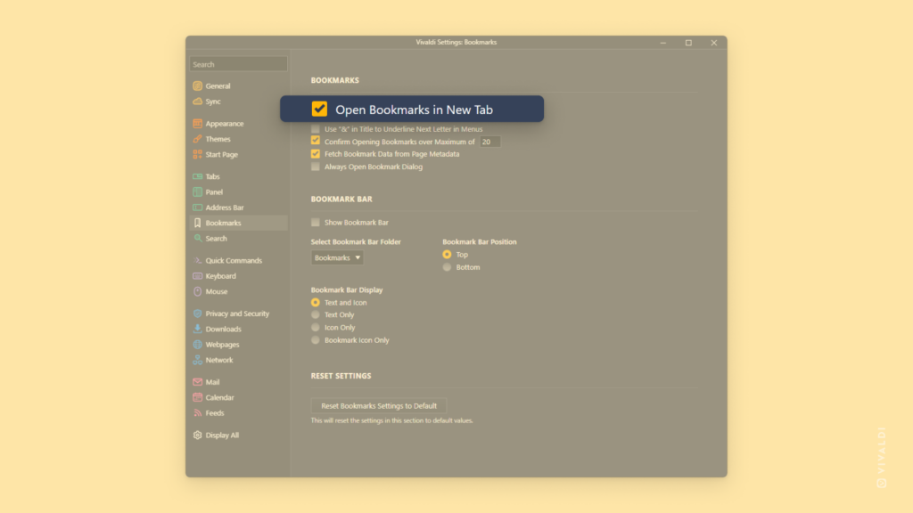 Vivaldi Settings open on the Bookmarks section. "Open Bookmarks in New Tab" option is highlighted.