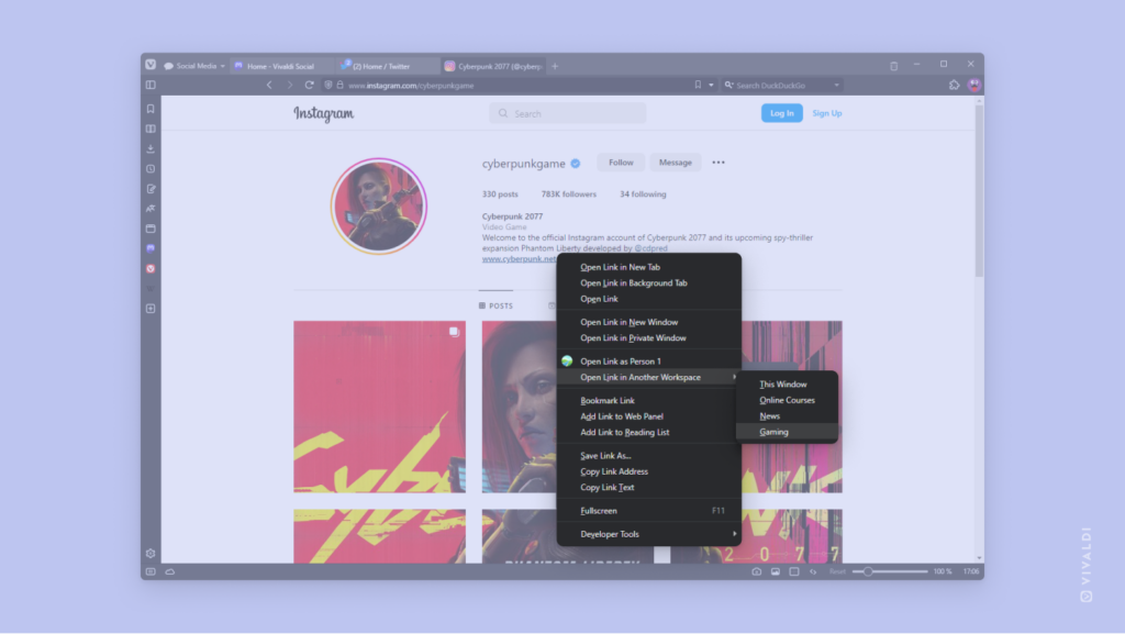 Social media site open in Vivaldi browser. Link's right-click context menu is open showing how to open the link in a new Workspace.