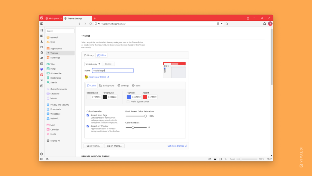 Vivaldi でテーマ設定が開かれ、コピーされたテーマの名前が変更されています。