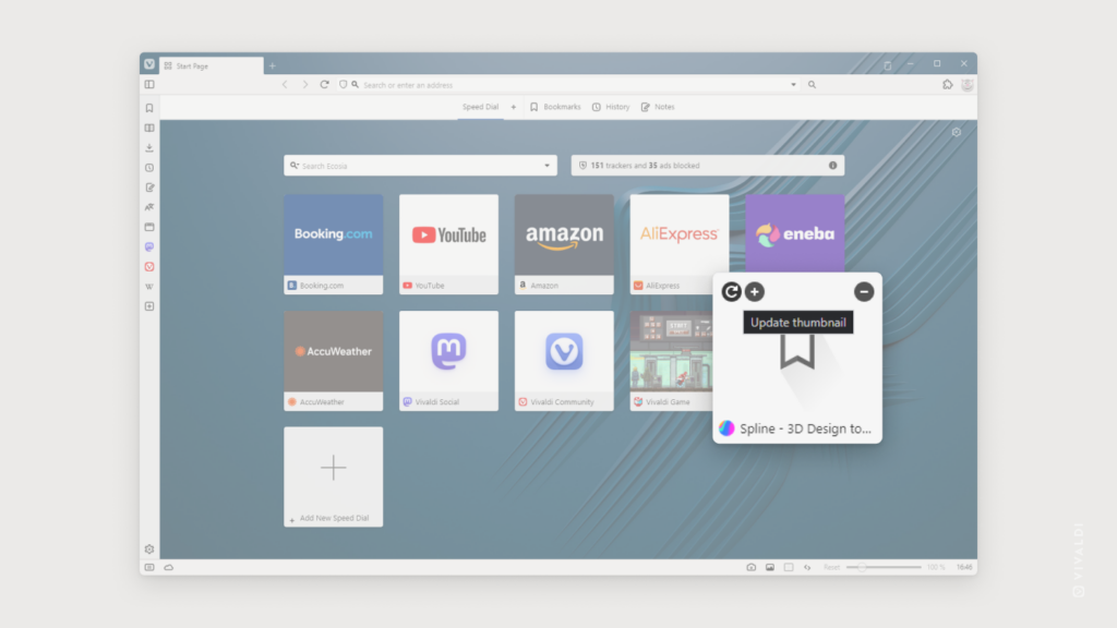 Vivaldi Browser's Start Page with a Speed Dial that has no thumbnail being updated.