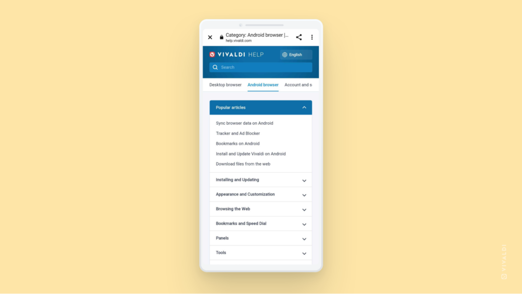 Vivaldi Help site open on a phone.
