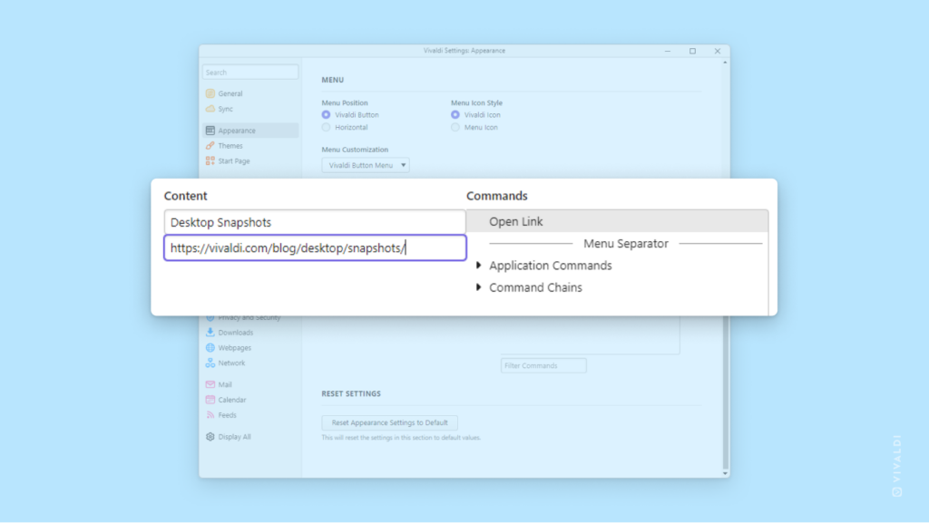 Vivaldi's Menu customization settings. A link to Vivaldi's Desktop Snapshot blog is being added as a new menu item.