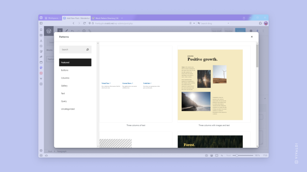Pattern library open in Vivaldi Community Blog's editor.