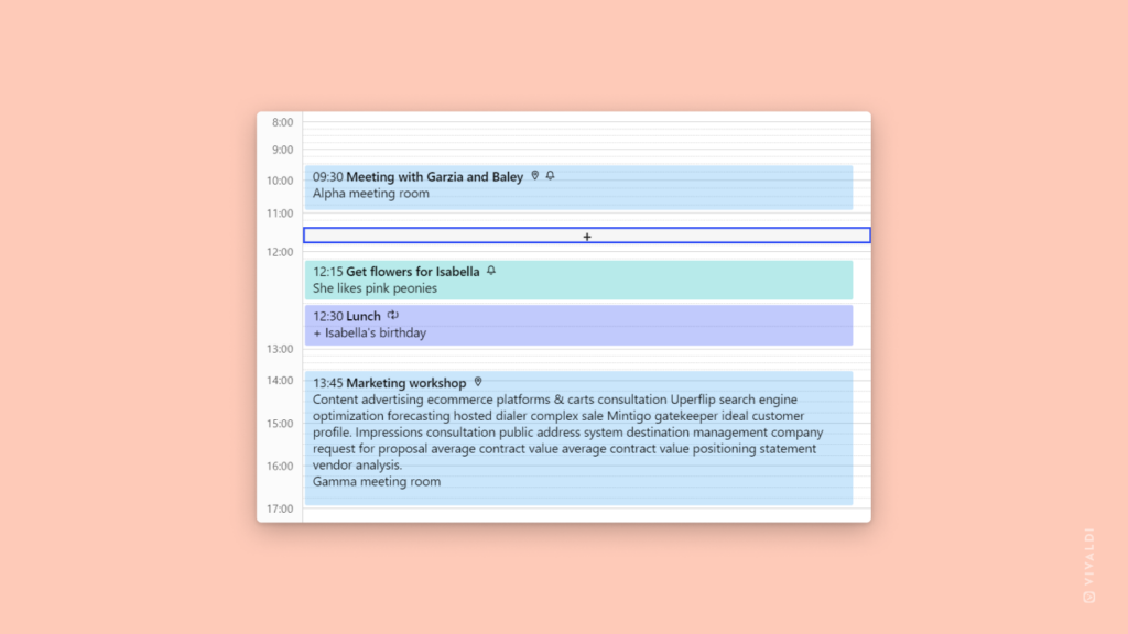 Close up of Vivaldi Calendar's day view with some events and 15 minute time increment gridlines visible.