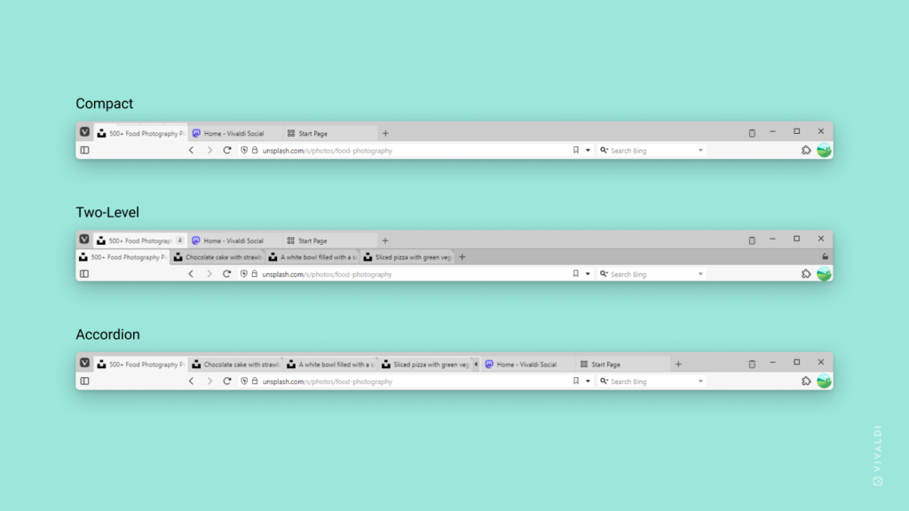 Three Tab and Address Bars, each displaying a different way to showcase Tab Stacks.