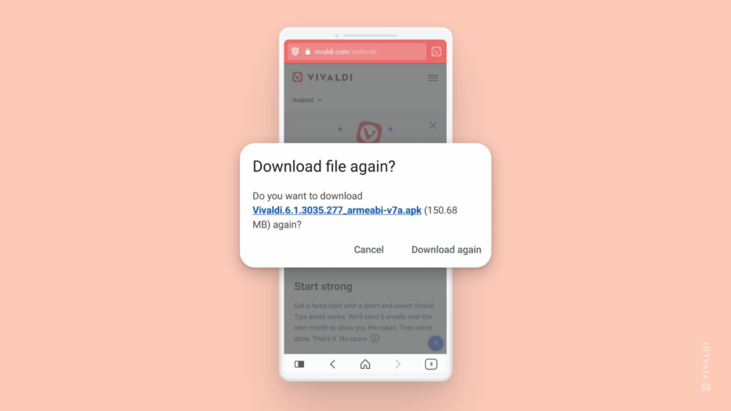 Vivaldi on Android with "Download file again?" dialog open.