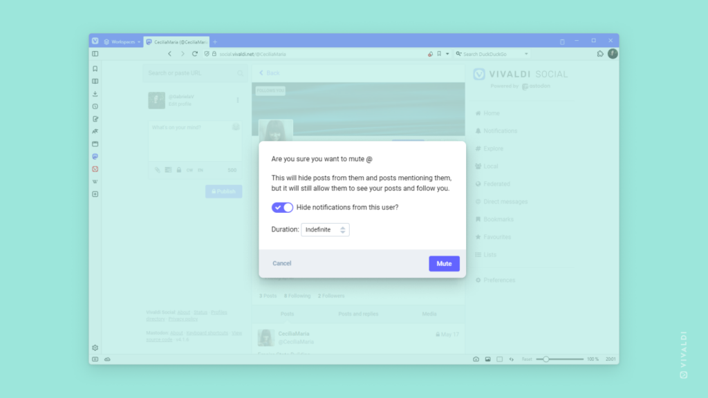 Vivaldi Social with an account in the process of being muted. Mute confirmation dialog is highlighted.