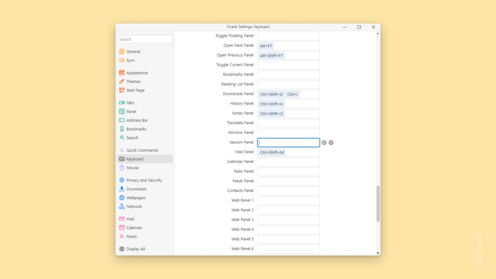 Keyboard Shortcut settings open at Panel shortcuts.