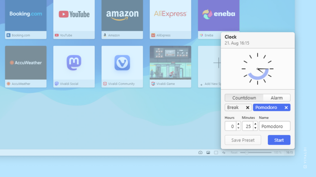 Bottom right corner of the Vivaldi browser window with Clock's menu open and Pomodoro timer selected.