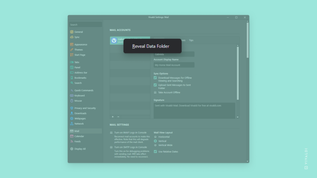 Mail Settings window. Mail account's right-click context menu with the "Reveal Data Folder" option open and highlighted.