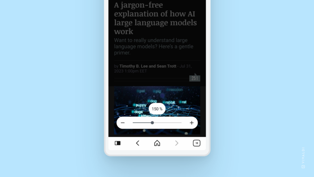 News article from Ars Technica open in Vivaldi on Android. The zoom slider is visible near the bottom of the screen and the zoom level has been changed to 150%.
