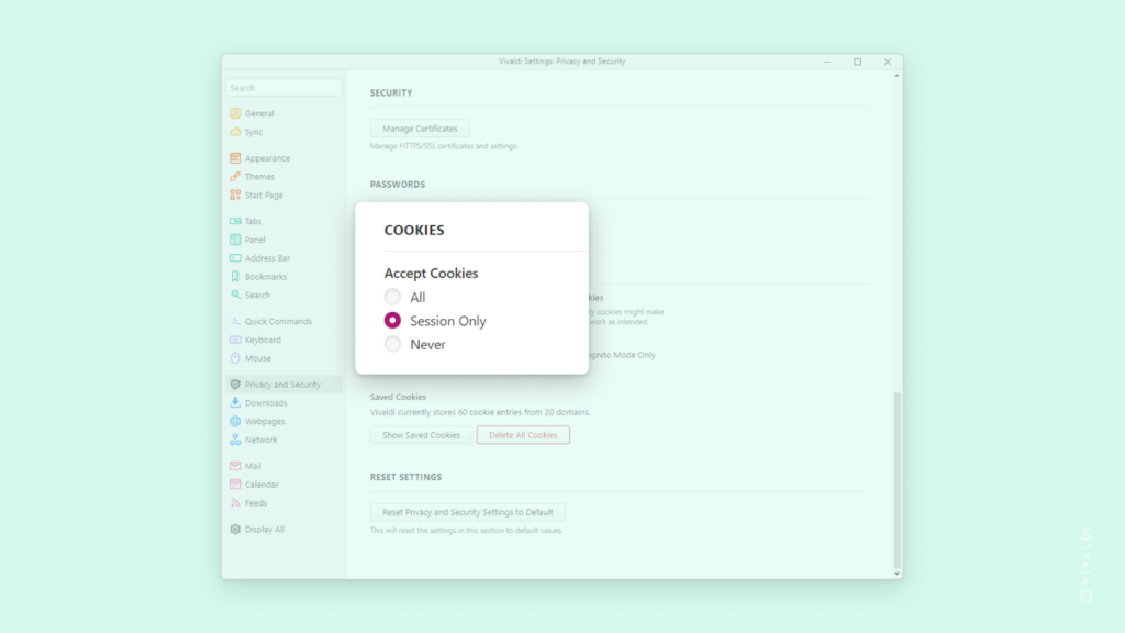 Cookie settings in Vivaldi Browser.