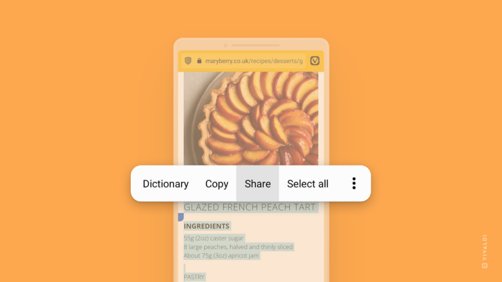 Vivaldi on Android with some text highlighted on a web page and menu with the share option in the foreground.
