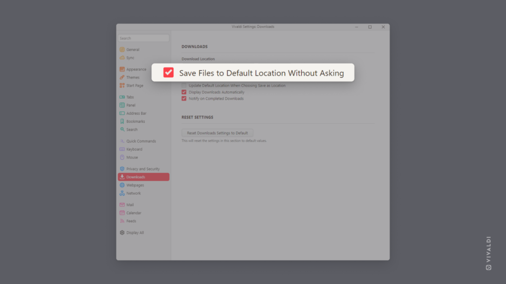 Downloads settings in Vivaldi browser.