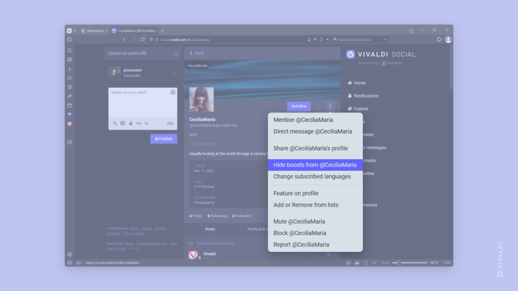 メニューが開いている Vivaldi ソーシャルアカウントプロフィール。「ブーストを非表示にする」メニューオプションが強調表示されます。