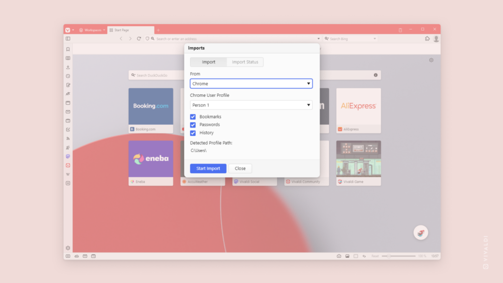 Import dialog open in Vivaldi Browser.