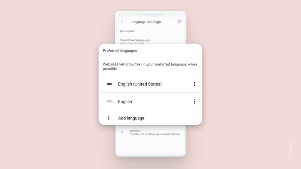 Preferred languages settings in Vivaldi on Android.
