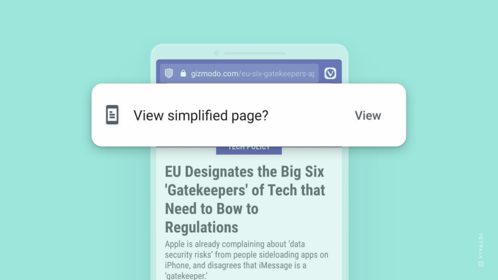 An article open in Vivaldi on Android with Simplified View prompt highlighted.