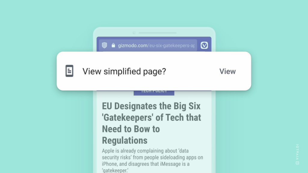 Android 版 Vivaldi で開かれている記事で、簡略化された表示プロンプトが強調表示されています。