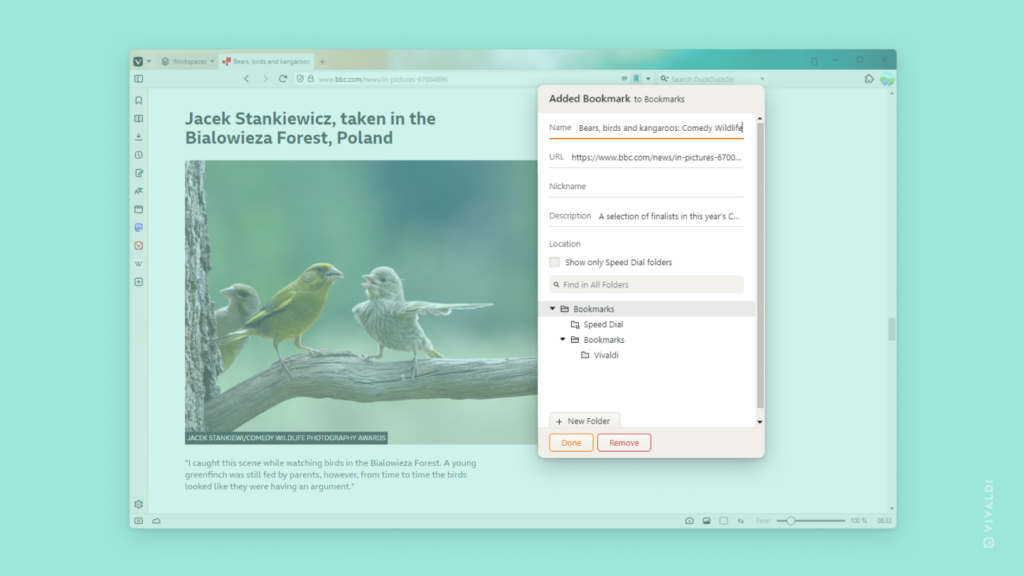 Vivaldi browser with a bookmark dialog open and highlighted.