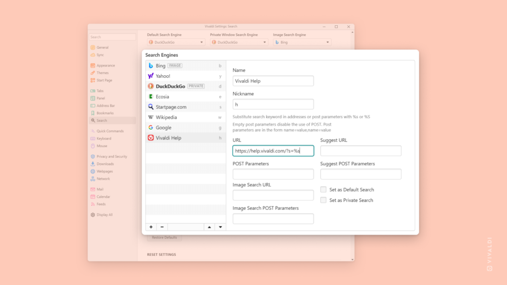 Search Engine settings in Vivaldi on desktop.