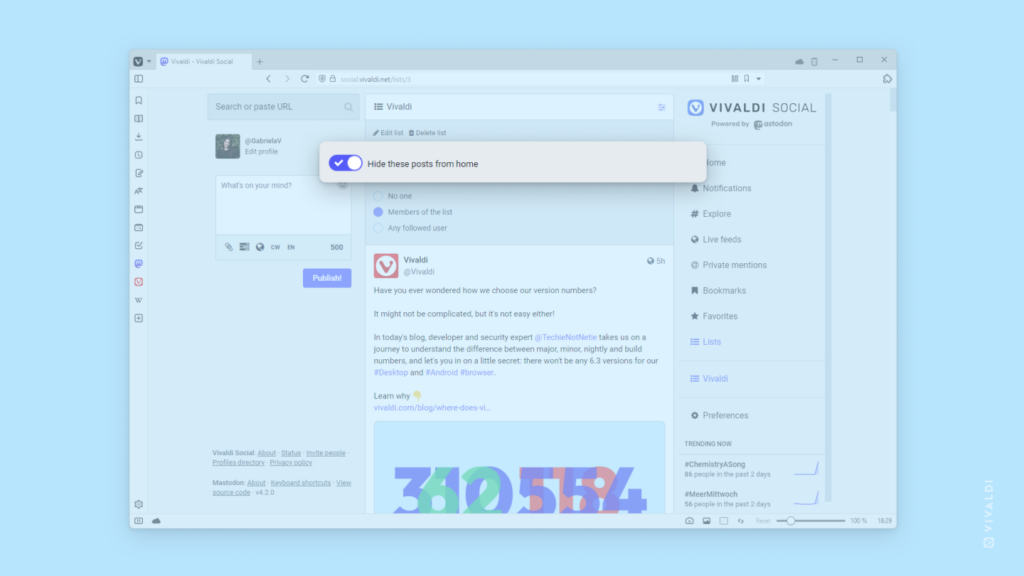 Lists page with settings open and "Hide these posts from home" highlighted.