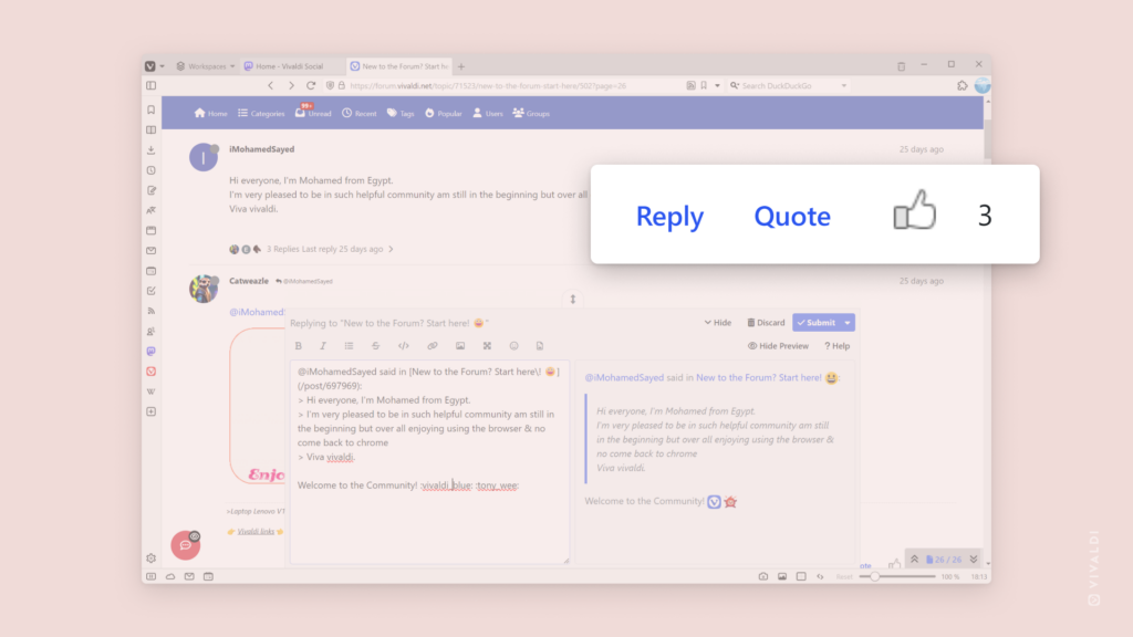 A page on the Vivaldi Forum with Reply, Quote and Upvote buttons highlighted.