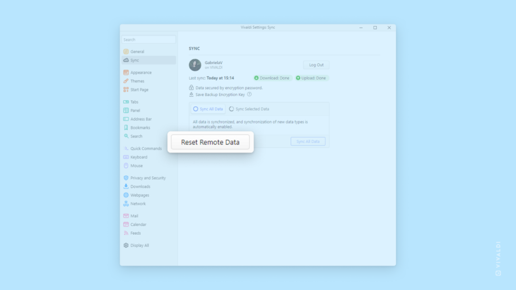 Vivaldi の同期設定で「リモートのデータをリセット」ボタンがハイライトされた状態