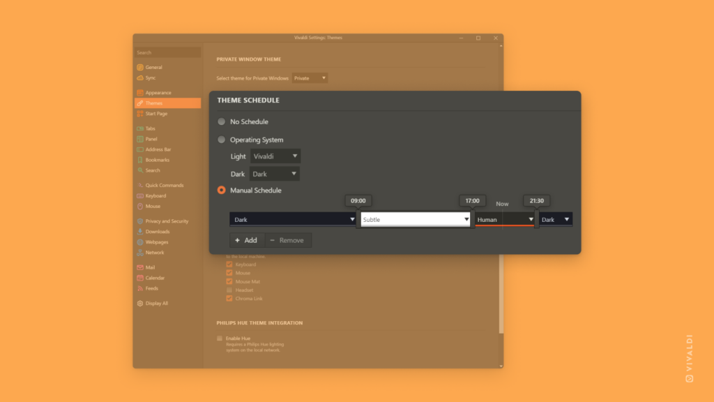 Theme Scheduling settings in Vivaldi browser.