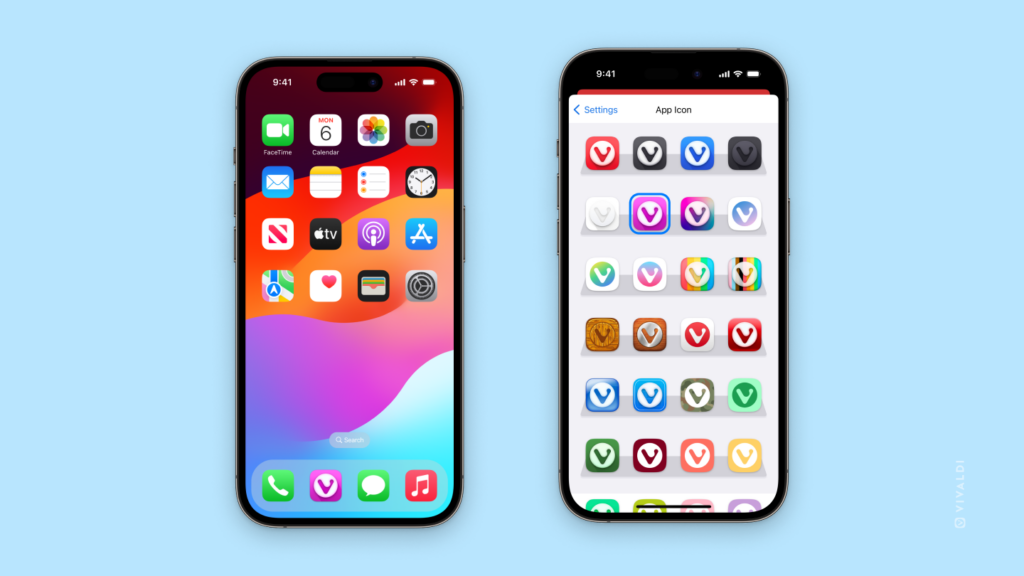 App Icon settings in Vivaldi on iOS (on the right) and the custom icon displayed on the home screen.