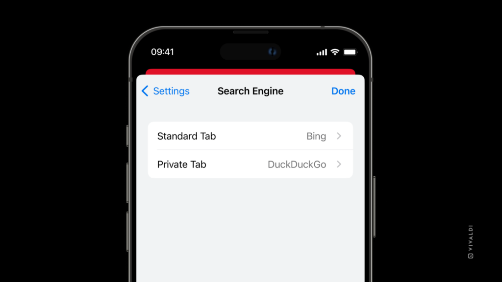 Search Engine settings in Vivaldi on iOS.